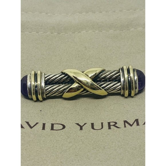 David Yurman Double Cable X Purple Amethyst SSilver 14K Gold Bar Brooch/Tie Pin